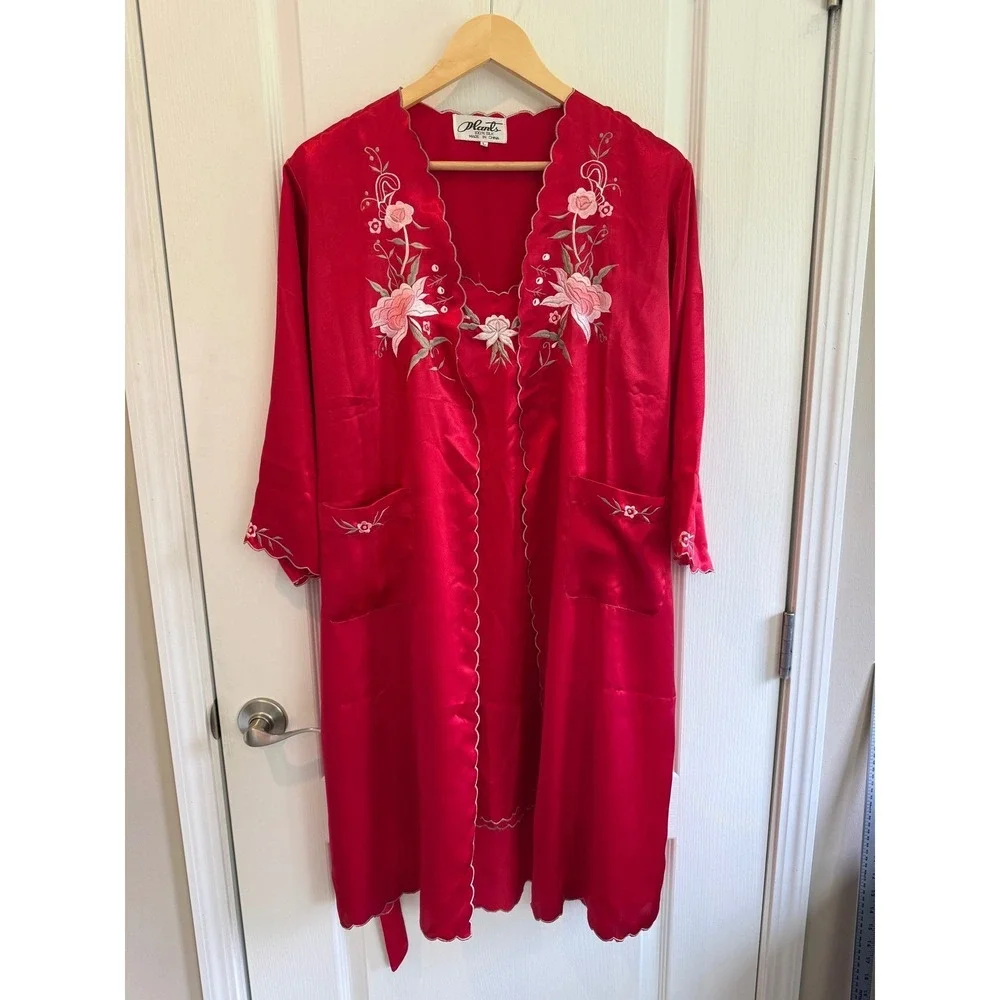 Vintage 100% Silk Peignoir Set Robe Nightgown Embroidered Red Floral Large